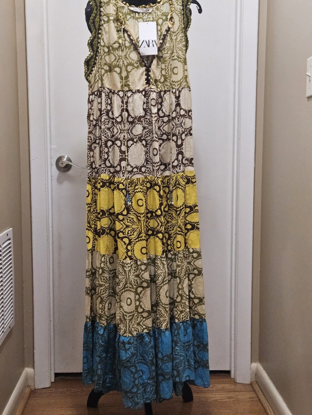 ZARA Multi-Panel Tiered Cotton Maxi Dress in Olive, Yellow, Blue Size Small NWT